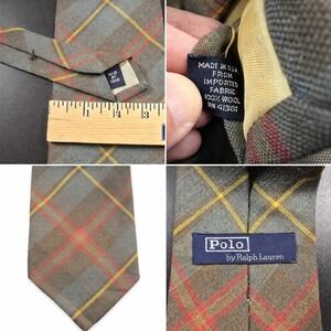 Polo Ralph Lauren Tie Mens Olive Green Plaid 100% Wool USA Made Hand Made Tie